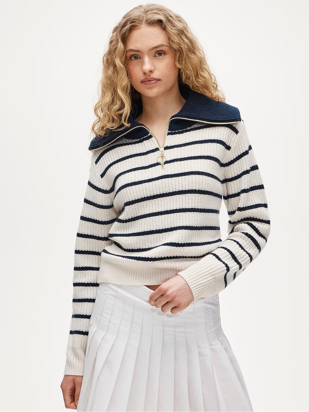 J. Crew Navy & Cream Striped Zip-Front Cashmere Sweater